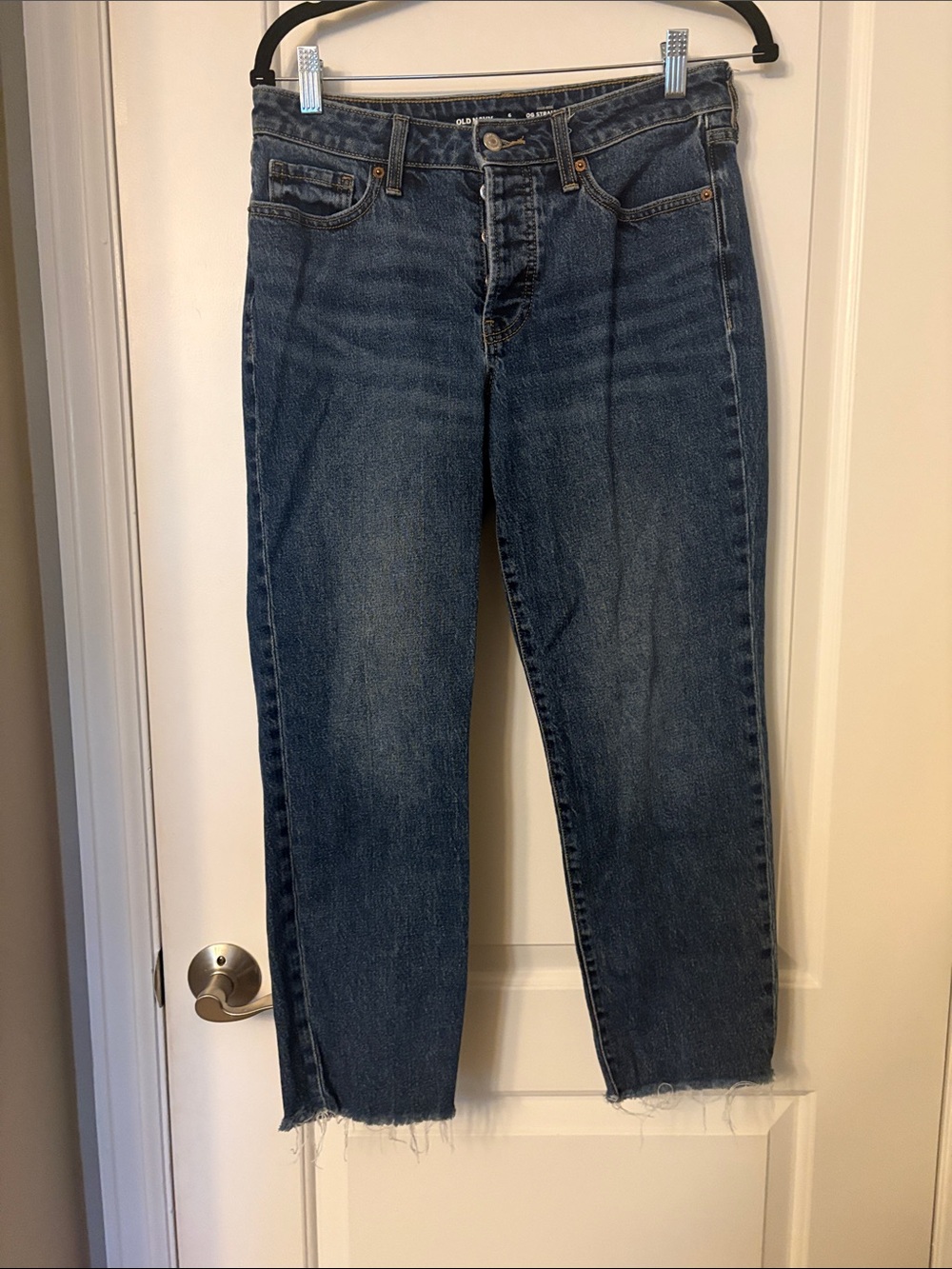 Old Navy Dark Blue Straight Leg Jeans with Raw Hem & Button Fly